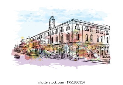 Building view with landmark of East London is the 
city in South Africa. Watercolour splash with hand drawn sketch illustration in vector.