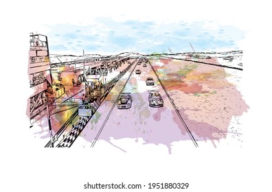 Building view with landmark of East London is the 
city in South Africa. Watercolour splash with hand drawn sketch illustration in vector.