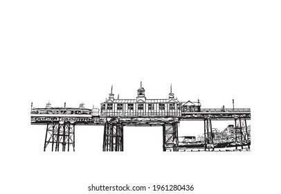 Building view with landmark of Eastbournet is the town in England. Hand drawn sketch illustration in vector.
