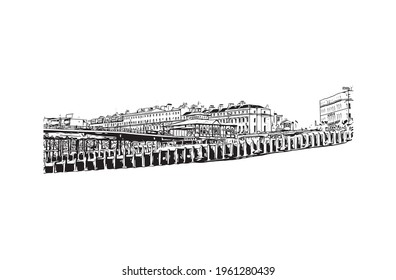 Building view with landmark of Eastbournet is the town in England. Hand drawn sketch illustration in vector.