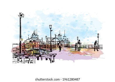 Building view with landmark of Eastbournet is the town in England. Watercolor splash with hand drawn sketch illustration in vector.