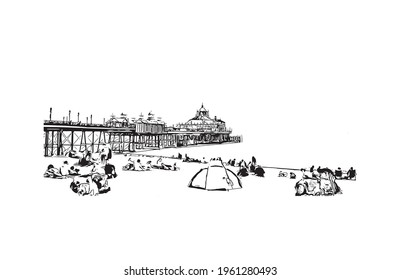 Building view with landmark of Eastbournet is the town in England. Hand drawn sketch illustration in vector.