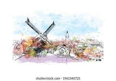 Building view with landmark of . Ede is the 
municipality in the Netherlands. Watercolor splash with hand drawn sketch illustration in vector.