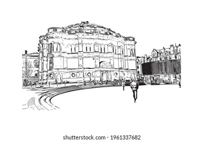Building view with landmark of Edinburgh is the 
capital of Scotland. Hand drawn sketch illustration in vector.