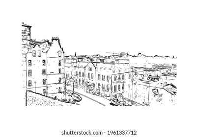 Building view with landmark of Edinburgh is the 
capital of Scotland. Hand drawn sketch illustration in vector.