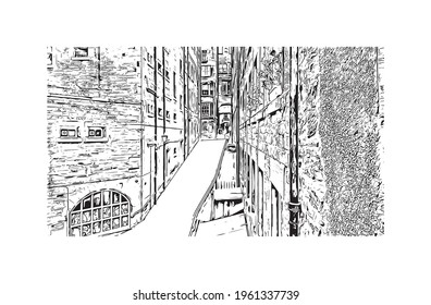 Building view with landmark of Edinburgh is the 
capital of Scotland. Hand drawn sketch illustration in vector.