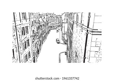 Building view with landmark of Edinburgh is the 
capital of Scotland. Hand drawn sketch illustration in vector.