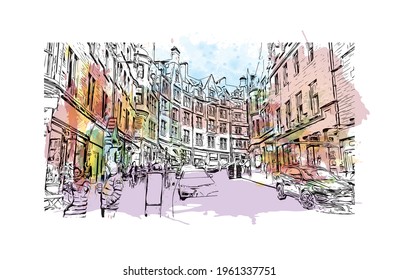 La vista de edificio con un punto de referencia en Edimburgo es 
capital de Escocia. Salto de color de agua con ilustración de esbozo dibujada a mano en vector.