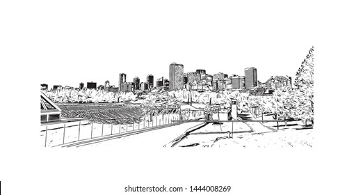 Building view with landmark of Edmonton, capital of Canada's Alberta province, sits on the North Saskatchewan River. Hand drawn sketch illustration in vector.