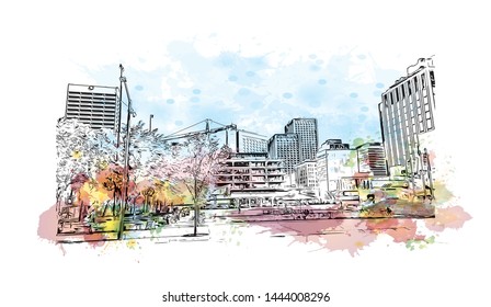 Building view with landmark of Edmonton, capital of Canada's Alberta province, sits on the North Saskatchewan River. Watercolor splash with Hand drawn sketch illustration in vector.