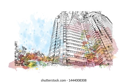 Building view with landmark of Edmonton, capital of Canada's Alberta province, sits on the North Saskatchewan River. Watercolor splash with Hand drawn sketch illustration in vector.