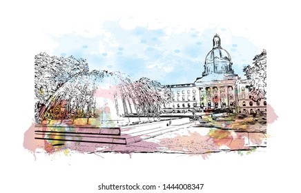 Building view with landmark of Edmonton, capital of Canada's Alberta province, sits on the North Saskatchewan River. Watercolor splash with Hand drawn sketch illustration in vector.