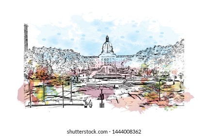 Building view with landmark of Edmonton, capital of Canada's Alberta province, sits on the North Saskatchewan River. Watercolor splash with Hand drawn sketch illustration in vector.