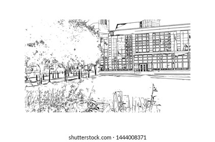 Building view with landmark of Edmonton, capital of Canada's Alberta province, sits on the North Saskatchewan River. Hand drawn sketch illustration in vector.