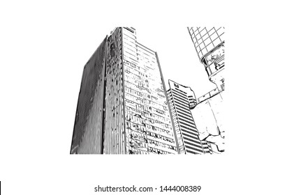 Building view with landmark of Edmonton, capital of Canada's Alberta province, sits on the North Saskatchewan River. Hand drawn sketch illustration in vector.