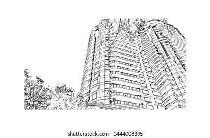 Building view with landmark of Edmonton, capital of Canada's Alberta province, sits on the North Saskatchewan River. Hand drawn sketch illustration in vector.