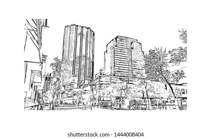 Building view with landmark of Edmonton, capital of Canada's Alberta province, sits on the North Saskatchewan River. Hand drawn sketch illustration in vector.