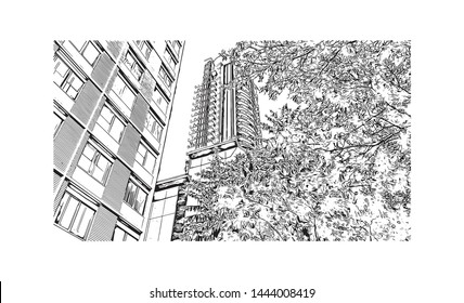 Building view with landmark of Edmonton, capital of Canada's Alberta province, sits on the North Saskatchewan River. Hand drawn sketch illustration in vector.