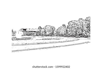 Building view with landmark of Eindhoven is a city in the province of North Brabant in the south Netherlands. Hand drawn sketch illustration in vector.