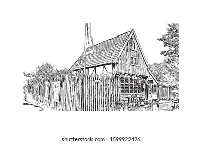 Building view with landmark of Eindhoven is a city in the province of North Brabant in the south Netherlands. Hand drawn sketch illustration in vector.