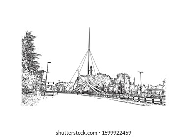 Building view with landmark of Eindhoven is a city in the province of North Brabant in the south Netherlands. Hand drawn sketch illustration in vector.