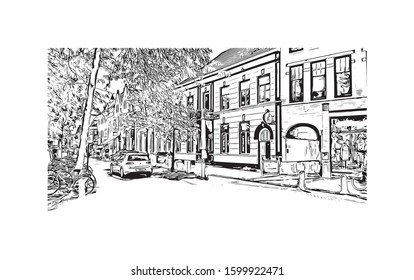 Building view with landmark of Eindhoven is a city in the province of North Brabant in the south Netherlands. Hand drawn sketch illustration in vector.