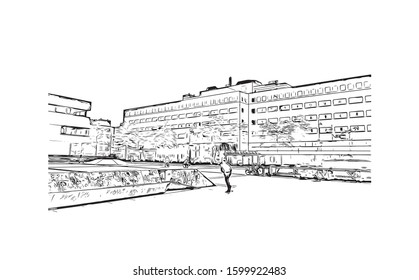 Building view with landmark of Eindhoven is a city in the province of North Brabant in the south Netherlands. Hand drawn sketch illustration in vector.