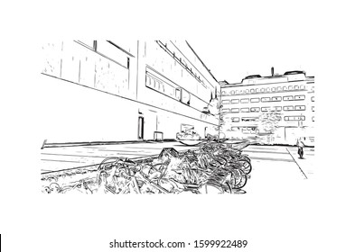 Building view with landmark of Eindhoven is a city in the province of North Brabant in the south Netherlands. Hand drawn sketch illustration in vector.