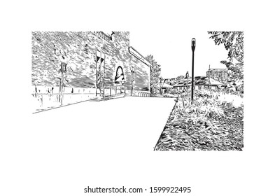 Building view with landmark of Eindhoven is a city in the province of North Brabant in the south Netherlands. Hand drawn sketch illustration in vector.