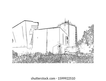 Building view with landmark of Eindhoven is a city in the province of North Brabant in the south Netherlands. Hand drawn sketch illustration in vector.