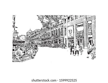 Building view with landmark of Eindhoven is a city in the province of North Brabant in the south Netherlands. Hand drawn sketch illustration in vector.