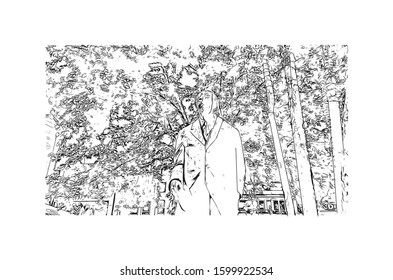 Building view with landmark of Eindhoven is a city in the province of North Brabant in the south Netherlands. Hand drawn sketch illustration in vector.