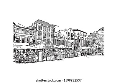 Building view with landmark of Eindhoven is a city in the province of North Brabant in the south Netherlands. Hand drawn sketch illustration in vector.