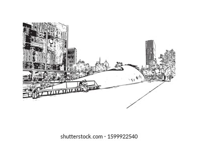 Building view with landmark of Eindhoven is a city in the province of North Brabant in the south Netherlands. Hand drawn sketch illustration in vector.