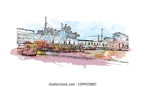 Building view with landmark of Eindhoven is a city in the province of North Brabant in the south Netherlands. Watercolor splash with Hand drawn sketch illustration in vector.