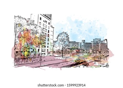 Building view with landmark of Eindhoven is a city in the province of North Brabant in the south Netherlands. Watercolor splash with Hand drawn sketch illustration in vector.