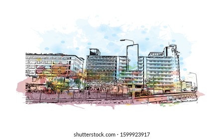 Building view with landmark of Eindhoven is a city in the province of North Brabant in the south Netherlands. Watercolor splash with Hand drawn sketch illustration in vector.