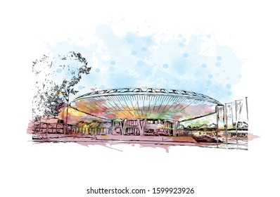 Building view with landmark of Eindhoven is a city in the province of North Brabant in the south Netherlands. Watercolor splash with Hand drawn sketch illustration in vector.