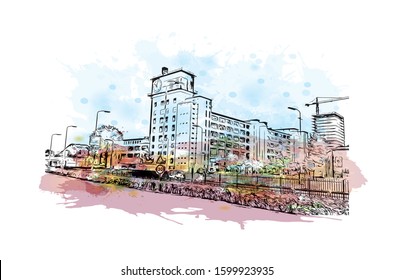 Building view with landmark of Eindhoven is a city in the province of North Brabant in the south Netherlands. Watercolor splash with Hand drawn sketch illustration in vector.