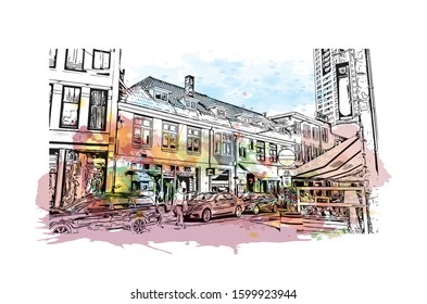 Building view with landmark of Eindhoven is a city in the province of North Brabant in the south Netherlands. Watercolor splash with Hand drawn sketch illustration in vector.