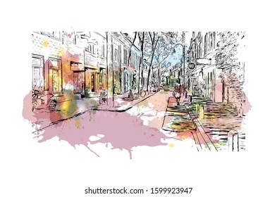 Building view with landmark of Eindhoven is a city in the province of North Brabant in the south Netherlands. Watercolor splash with Hand drawn sketch illustration in vector.