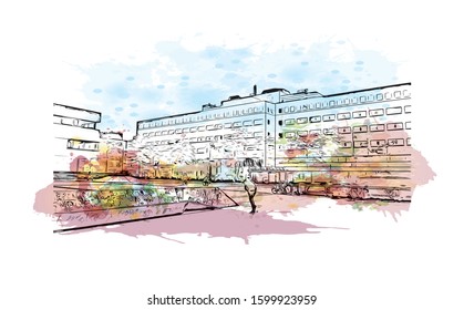 Building view with landmark of Eindhoven is a city in the province of North Brabant in the south Netherlands. Watercolor splash with Hand drawn sketch illustration in vector.
