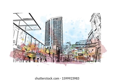 Building view with landmark of Eindhoven is a city in the province of North Brabant in the south Netherlands. Watercolor splash with Hand drawn sketch illustration in vector.