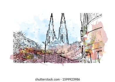 Building view with landmark of Eindhoven is a city in the province of North Brabant in the south Netherlands. Watercolor splash with Hand drawn sketch illustration in vector.