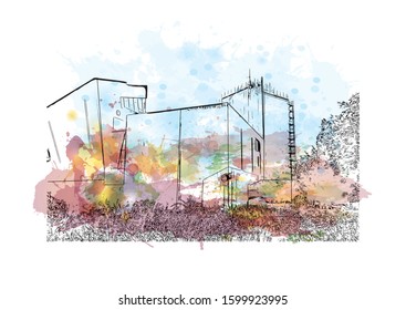 Building view with landmark of Eindhoven is a city in the province of North Brabant in the south Netherlands. Watercolor splash with Hand drawn sketch illustration in vector.