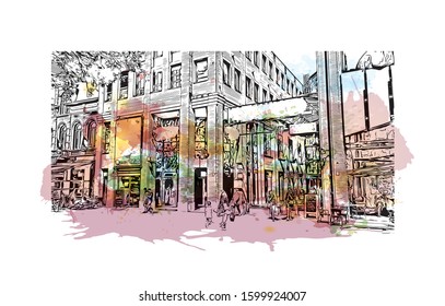 Building view with landmark of Eindhoven is a city in the province of North Brabant in the south Netherlands. Watercolor splash with Hand drawn sketch illustration in vector.