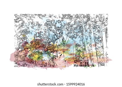 Building view with landmark of Eindhoven is a city in the province of North Brabant in the south Netherlands. Watercolor splash with Hand drawn sketch illustration in vector.