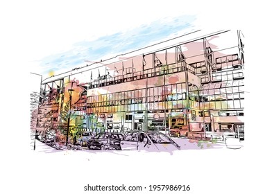 Building view with landmark of Eindhoven is the 
city in the Netherlands. Watercolour splash with hand drawn sketch illustration in vector.