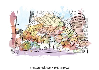 Building view with landmark of Eindhoven is the 
city in the Netherlands. Watercolour splash with hand drawn sketch illustration in vector.