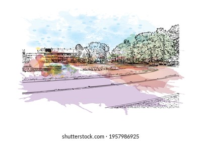 Building view with landmark of Eindhoven is the 
city in the Netherlands. Watercolour splash with hand drawn sketch illustration in vector.